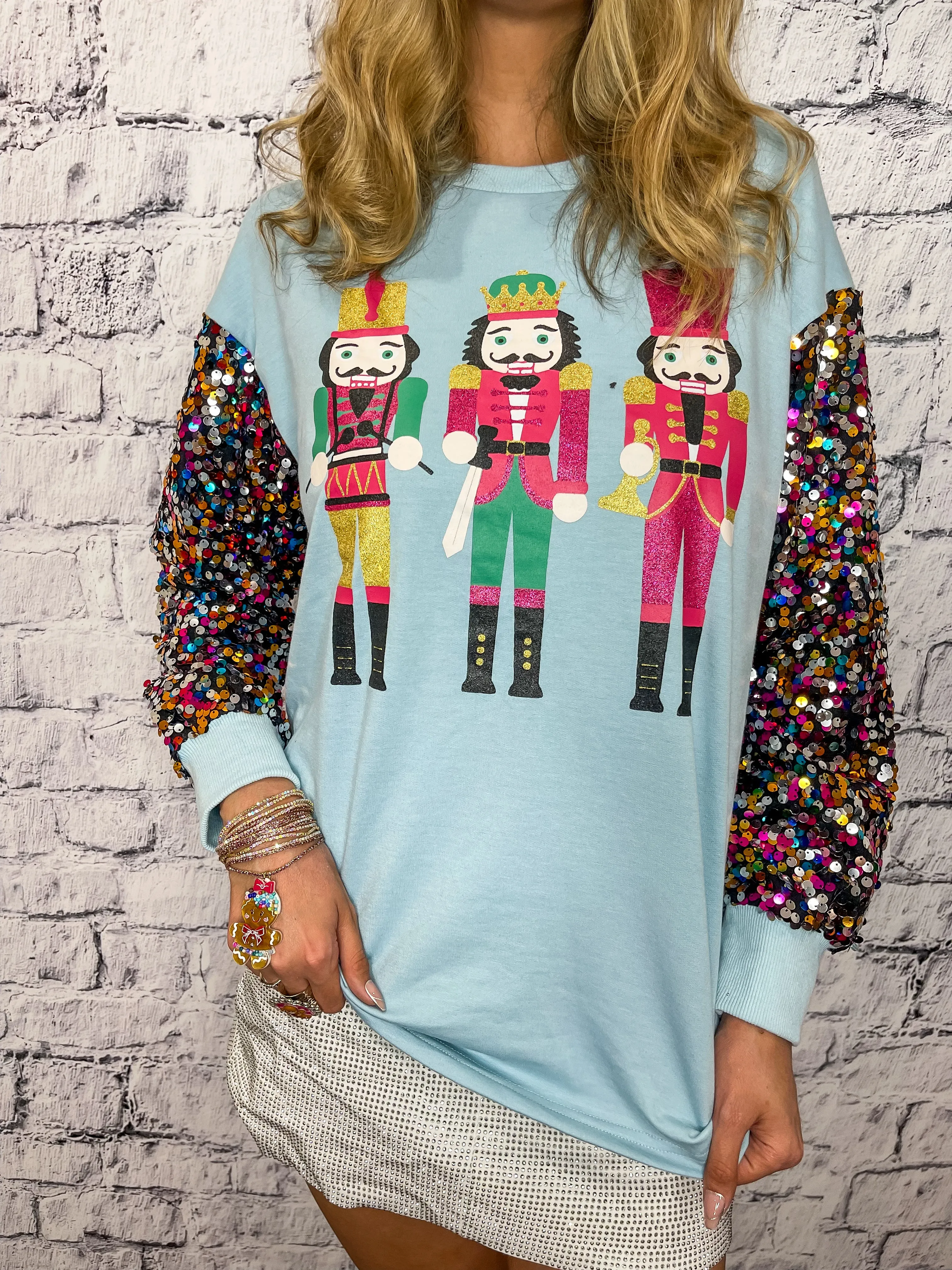 Nutcrackers Blue Sequin Sleeve Top
