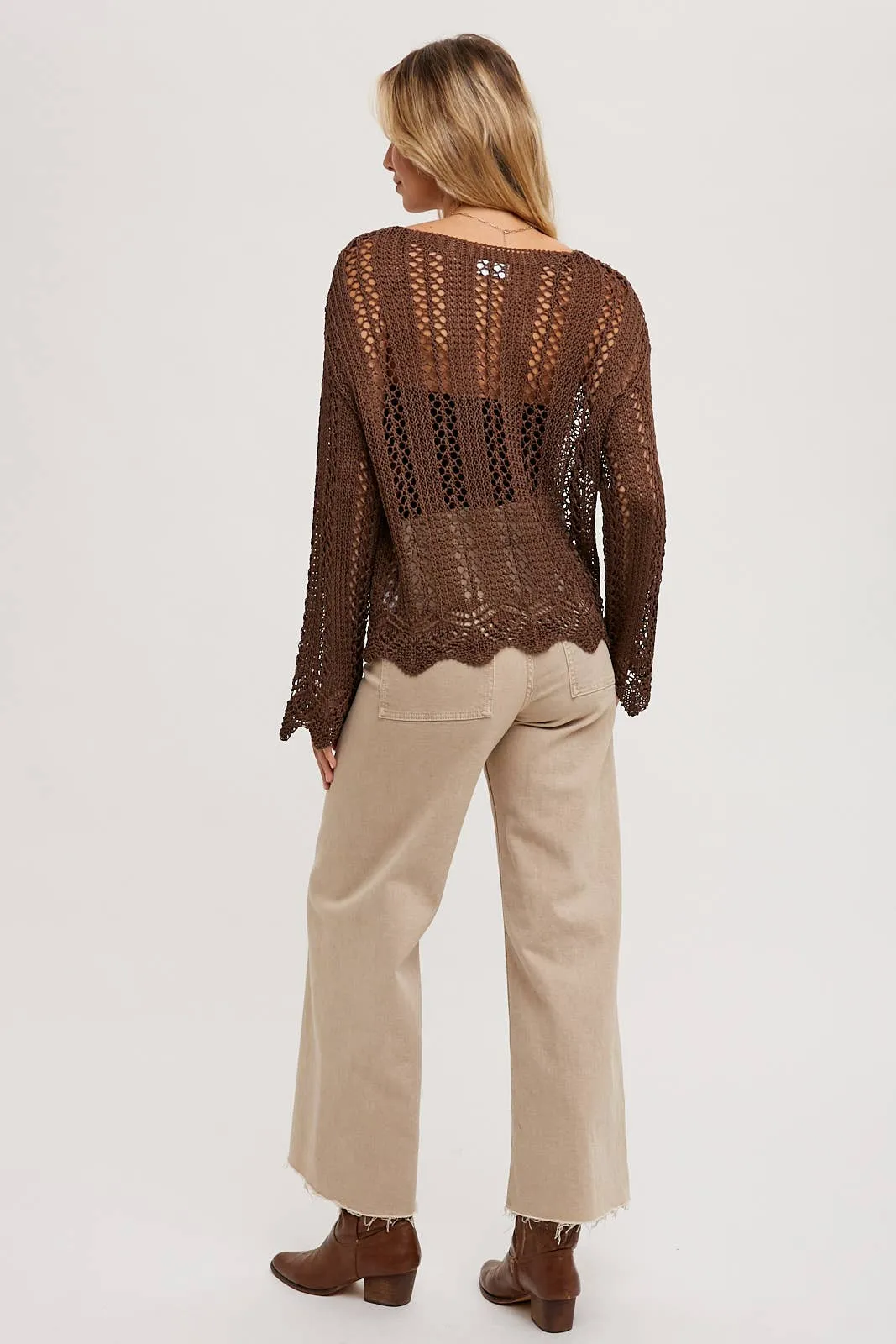 OPEN KNIT V-NECK PULLOVER - Scalloped Hem