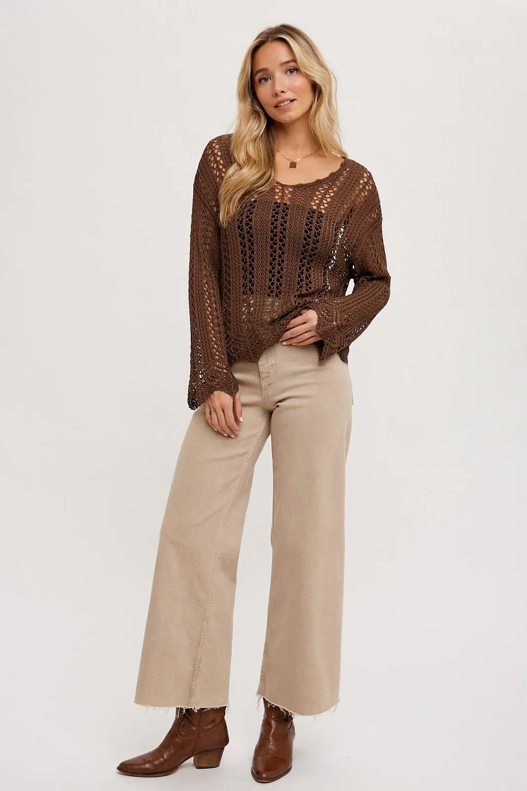 OPEN KNIT V-NECK PULLOVER - Scalloped Hem