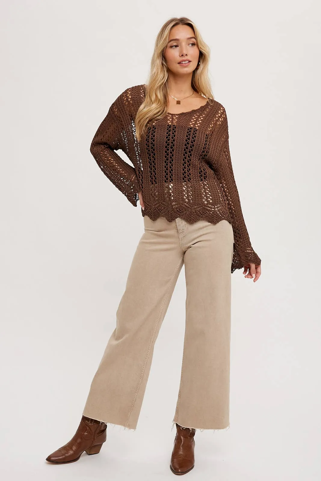 OPEN KNIT V-NECK PULLOVER - Scalloped Hem