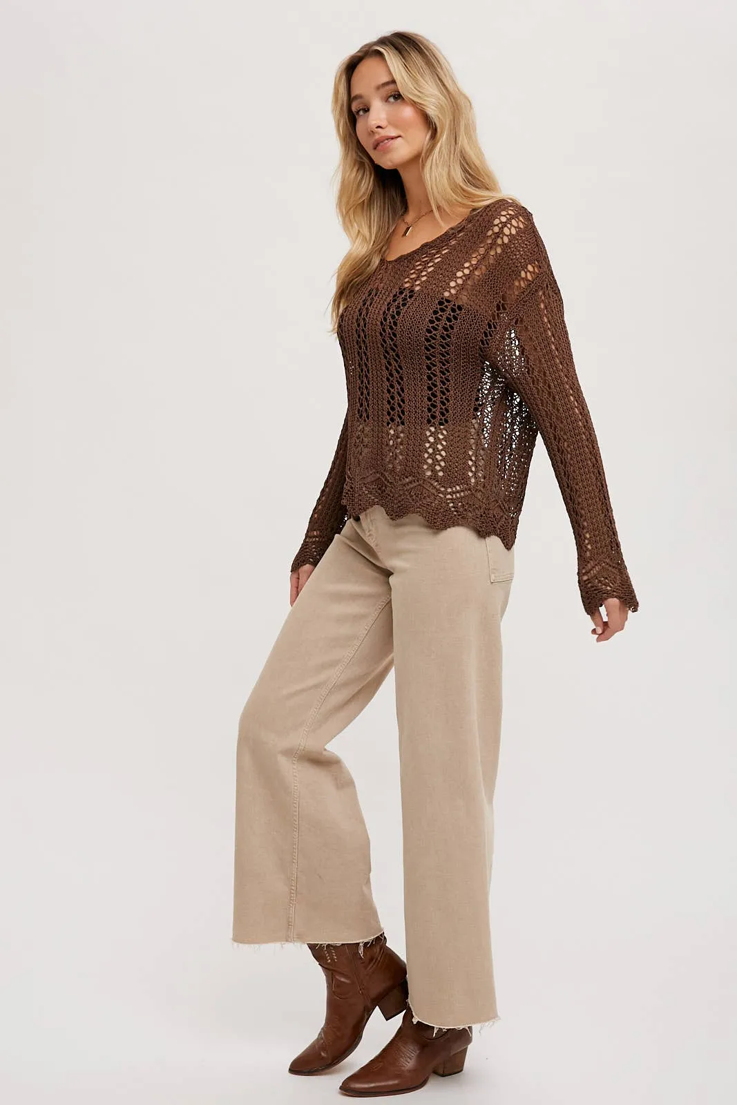 OPEN KNIT V-NECK PULLOVER - Scalloped Hem