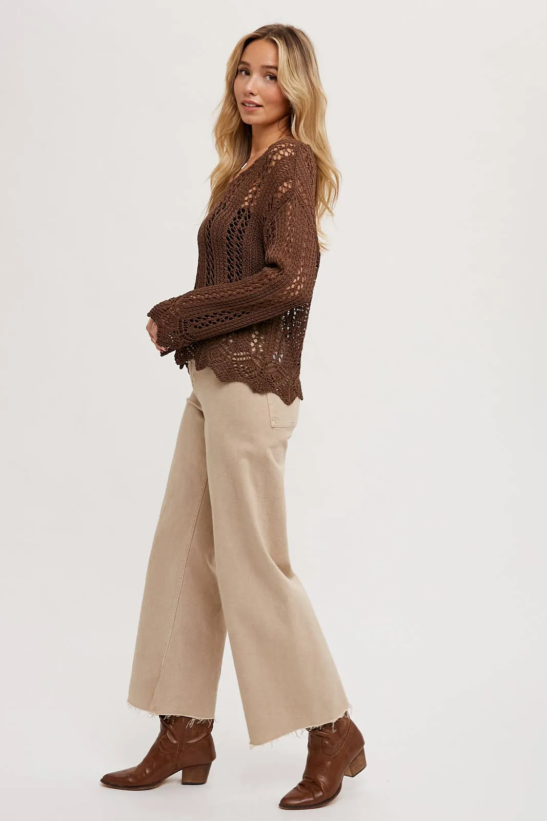 OPEN KNIT V-NECK PULLOVER - Scalloped Hem