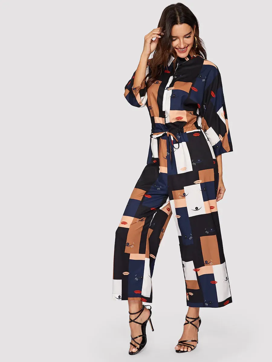 Patchwork Print Drawstring Jumpsuit