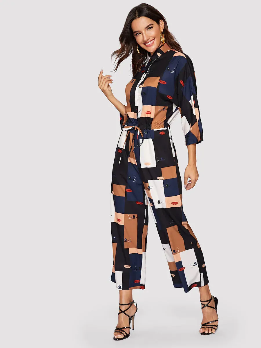 Patchwork Print Drawstring Jumpsuit