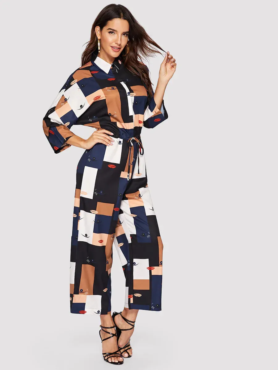 Patchwork Print Drawstring Jumpsuit