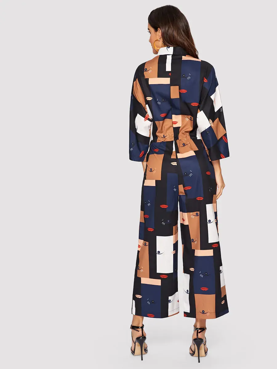 Patchwork Print Drawstring Jumpsuit