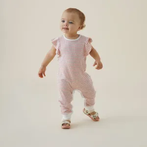 Pink Stripe Ribbed Frill Jumpsuit