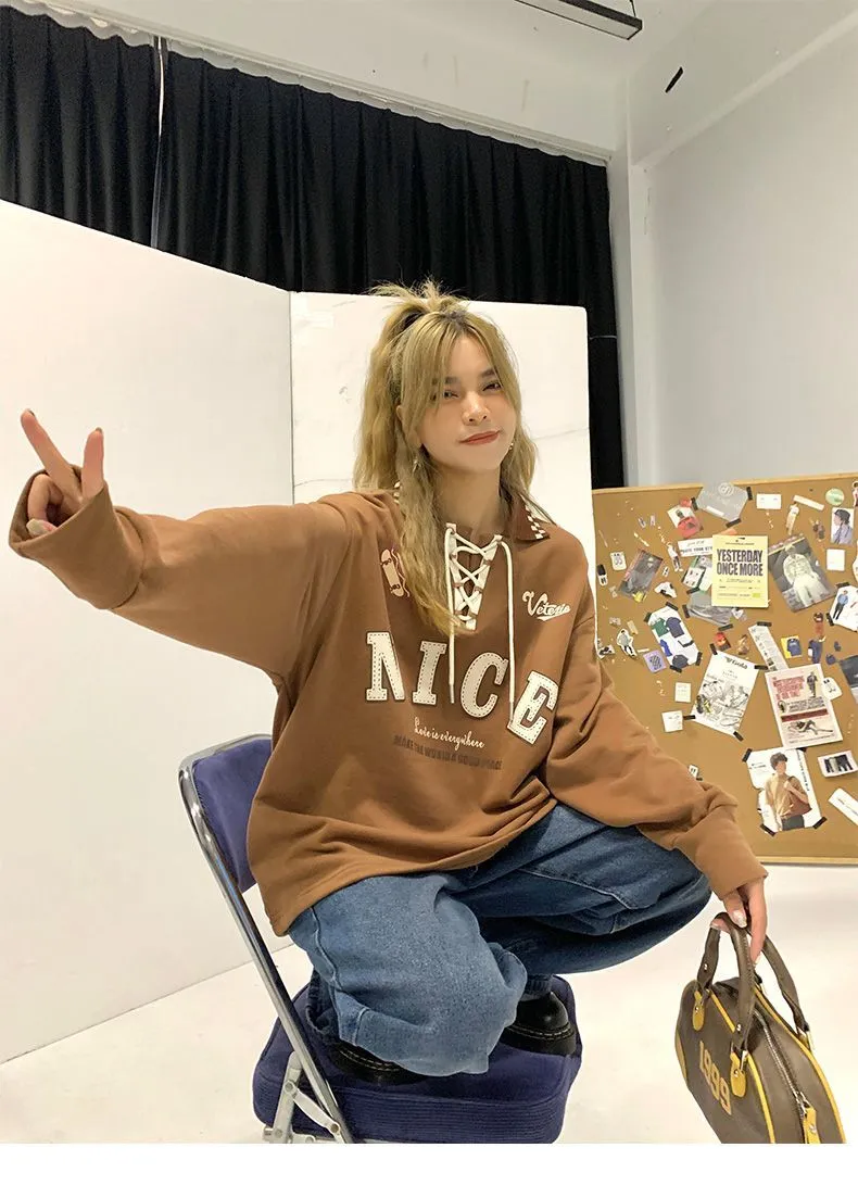 "NICE" Polo Sweatshirt With Letter Print