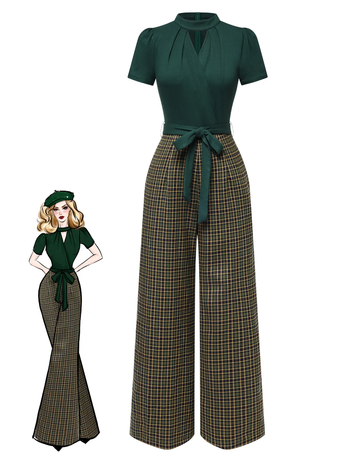 Red 1930s Plaid Keyhole Neck Belted Jumpsuit