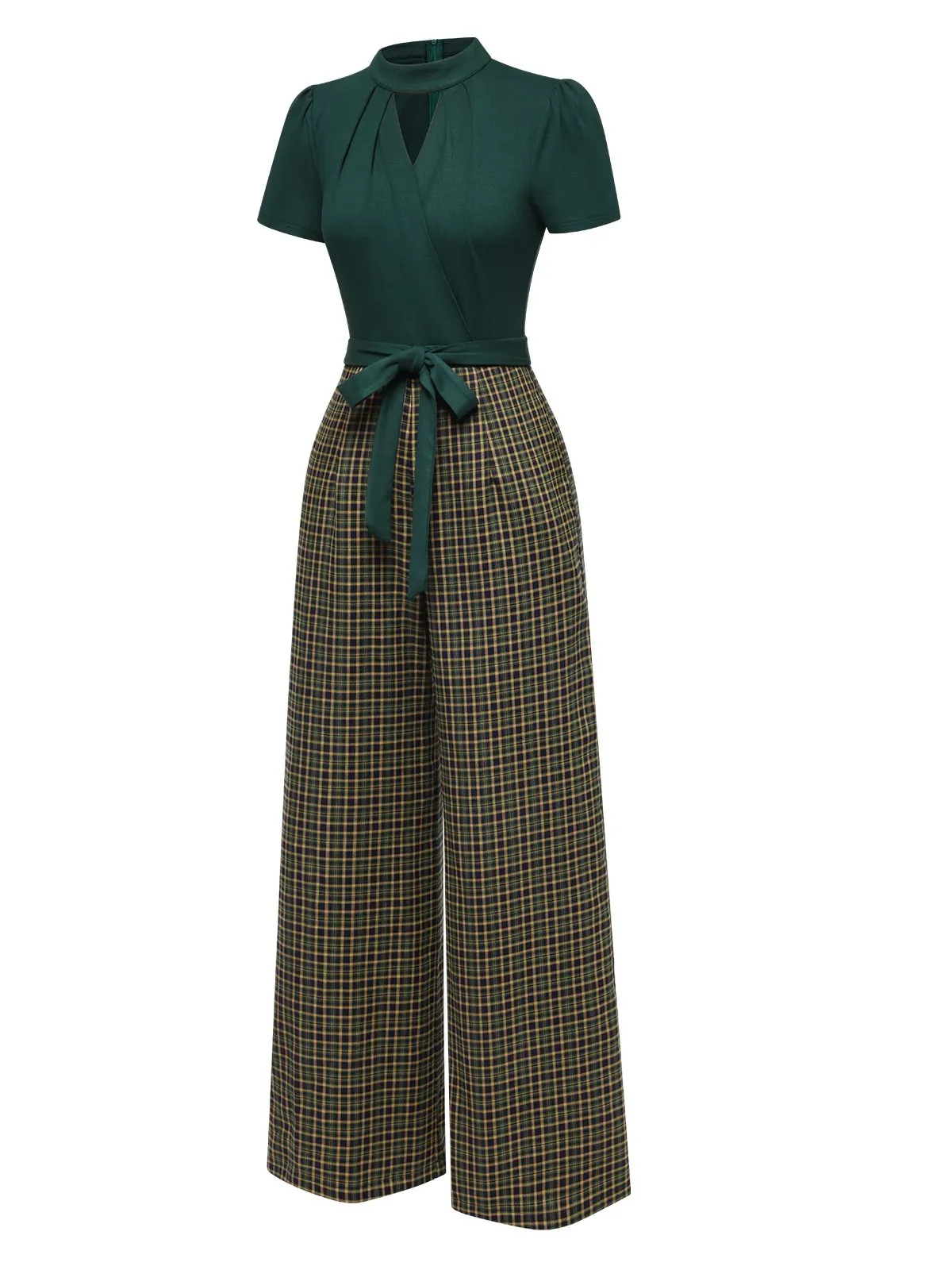 Red 1930s Plaid Keyhole Neck Belted Jumpsuit