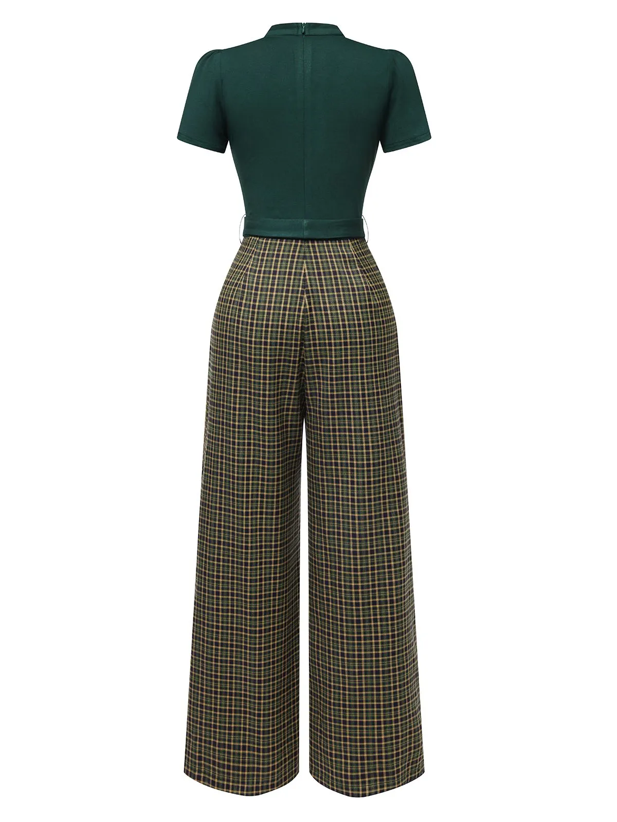 Red 1930s Plaid Keyhole Neck Belted Jumpsuit