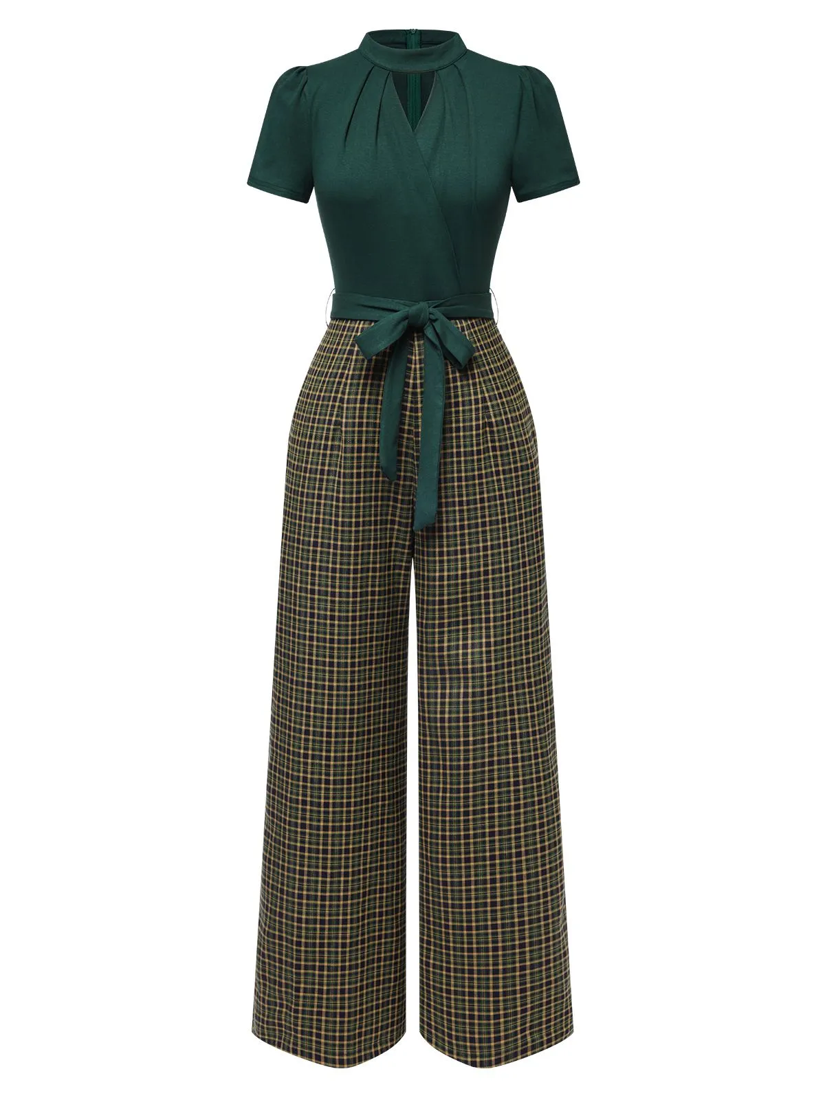 Red 1930s Plaid Keyhole Neck Belted Jumpsuit