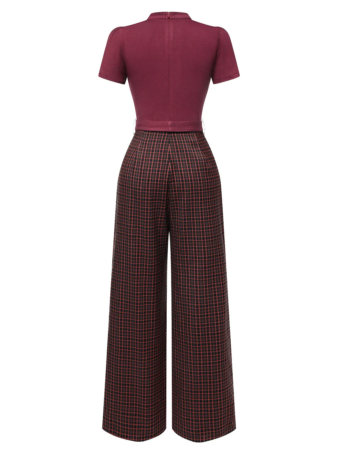 Red 1930s Plaid Keyhole Neck Belted Jumpsuit
