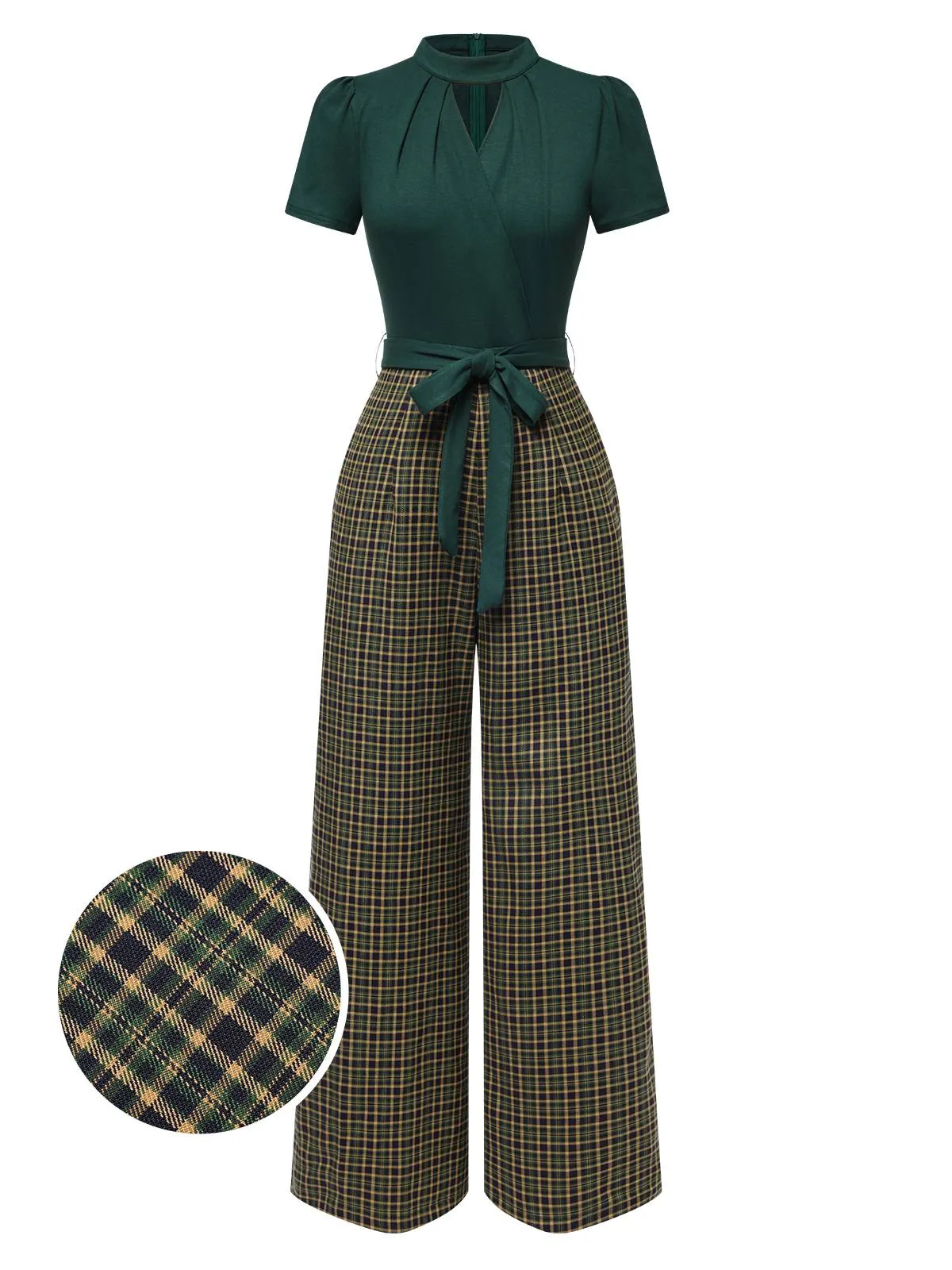 Red 1930s Plaid Keyhole Neck Belted Jumpsuit