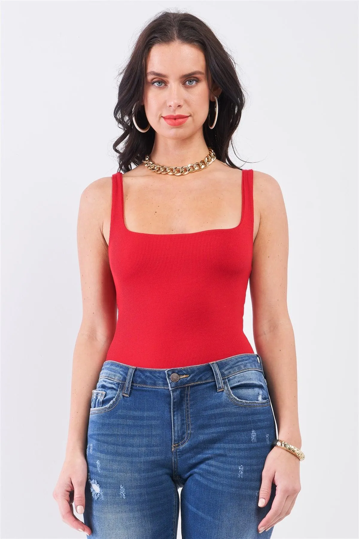 Red Rib Square Neck Sleeveless Fitted High Leg Bodysuit
