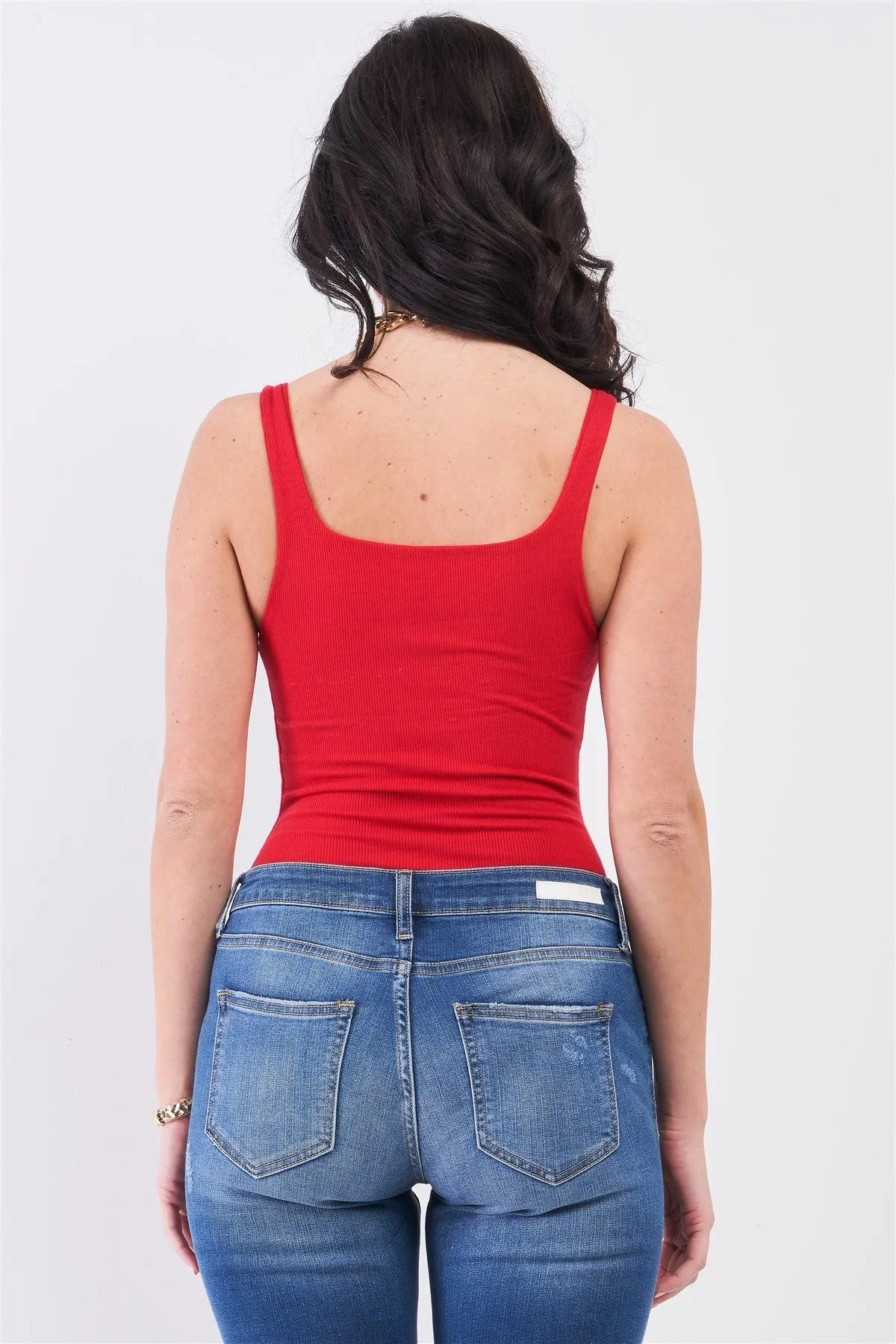 Red Rib Square Neck Sleeveless Fitted High Leg Bodysuit