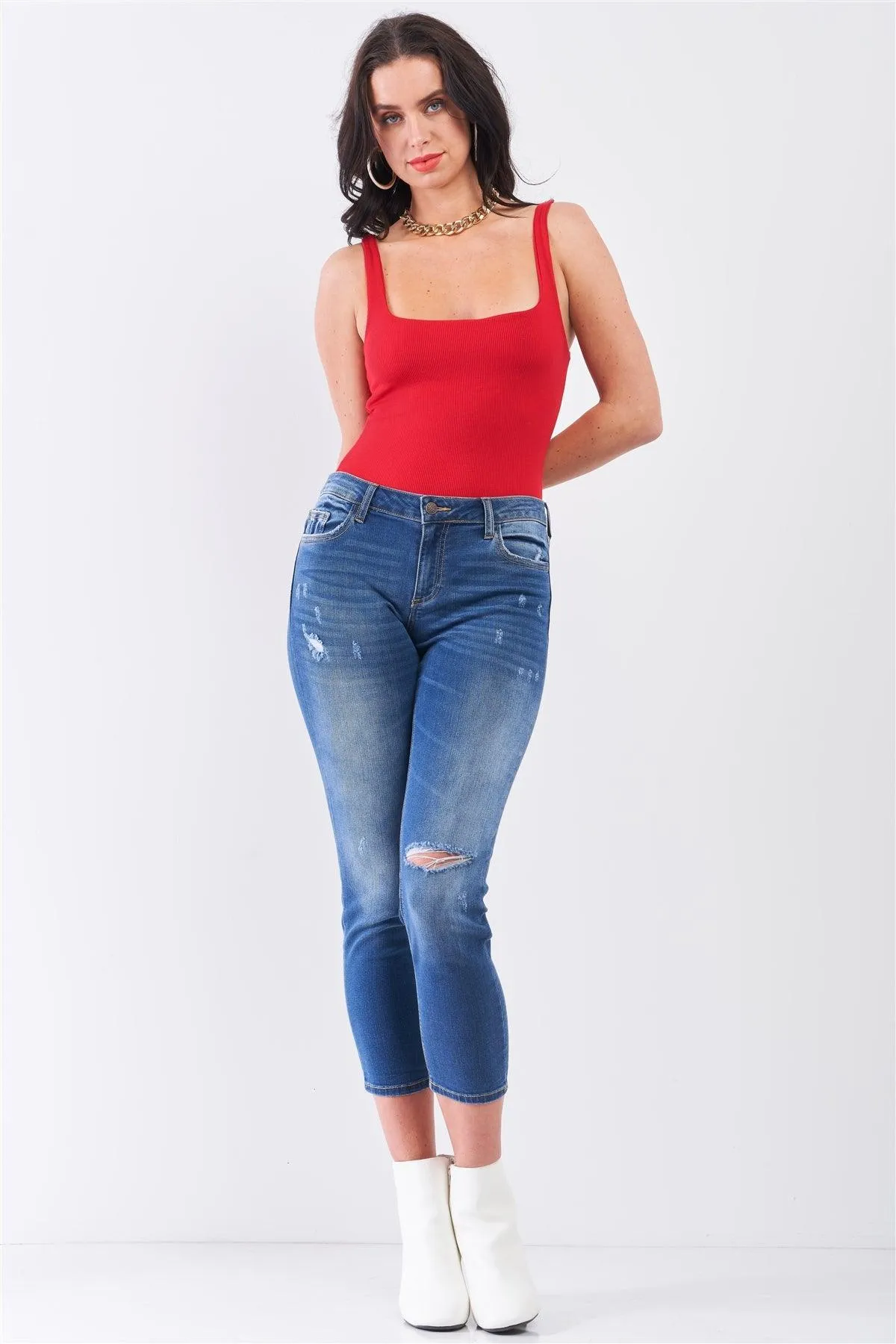 Red Rib Square Neck Sleeveless Fitted High Leg Bodysuit