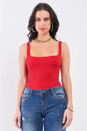 Red Rib Square Neck Sleeveless Fitted High Leg Bodysuit