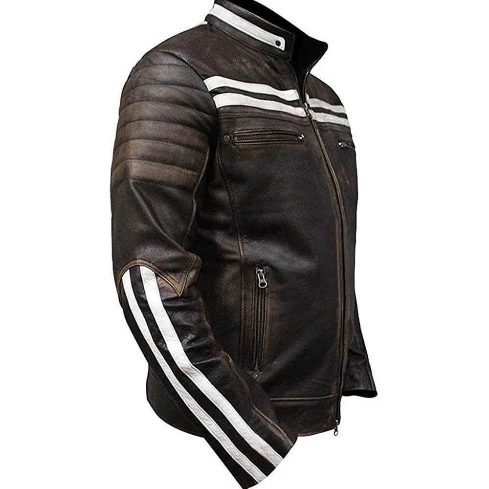 Retro Cafe Racer Distressed Brown Striped Vintage Biker Mens Leather Jacket