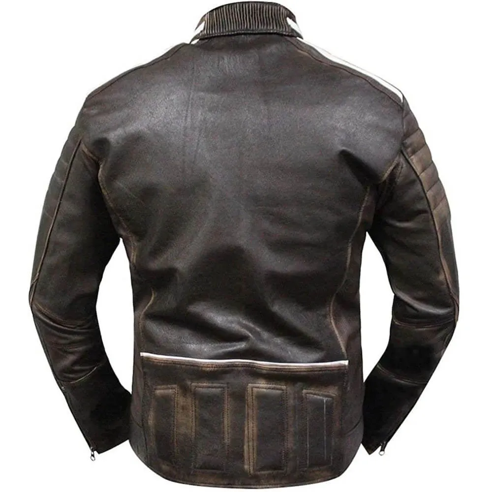 Retro Cafe Racer Distressed Brown Striped Vintage Biker Mens Leather Jacket