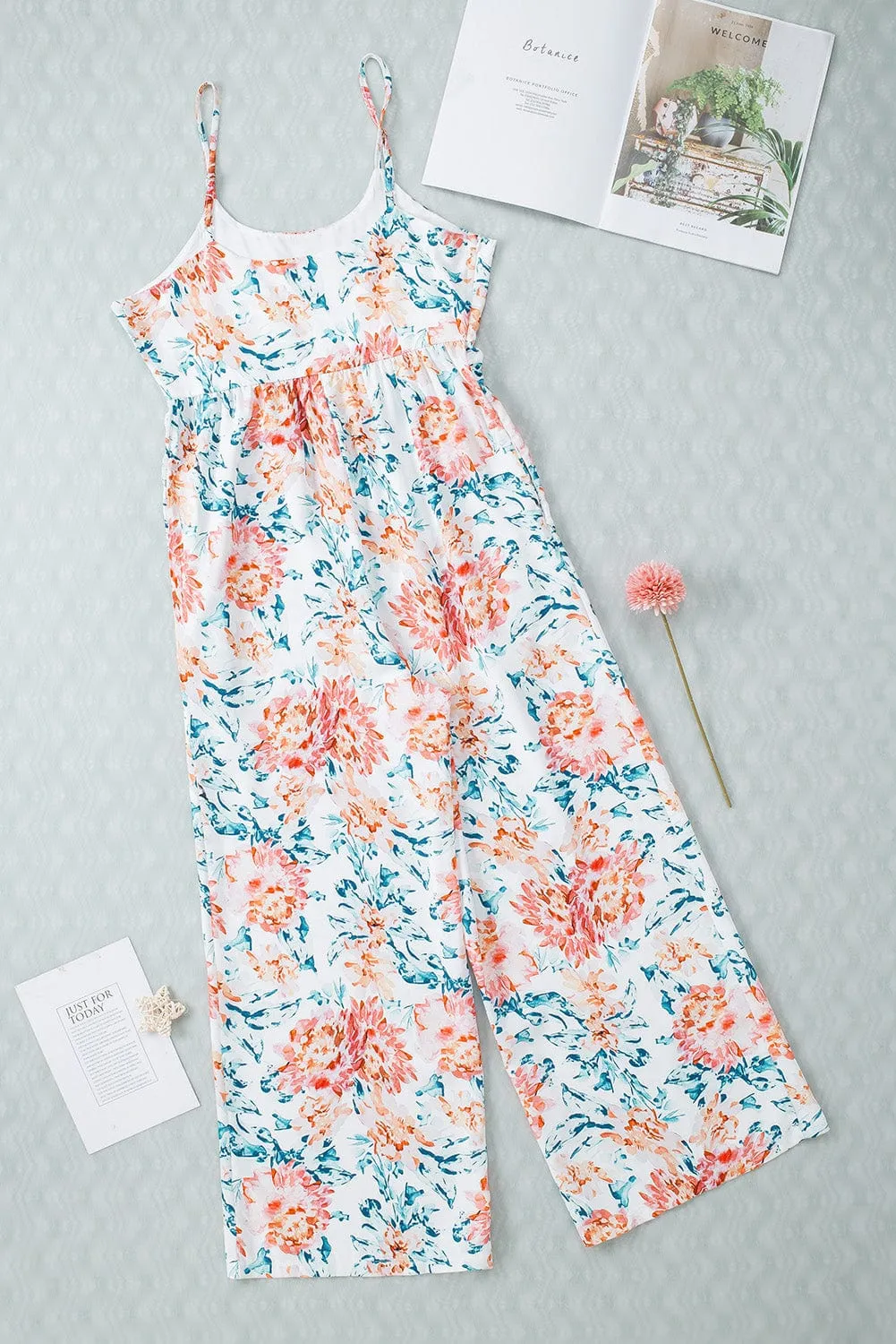 Retro Print Casual Wide-Leg Jumpsuit - Bare - Spaghetti Strap - U-Shape - Scoop