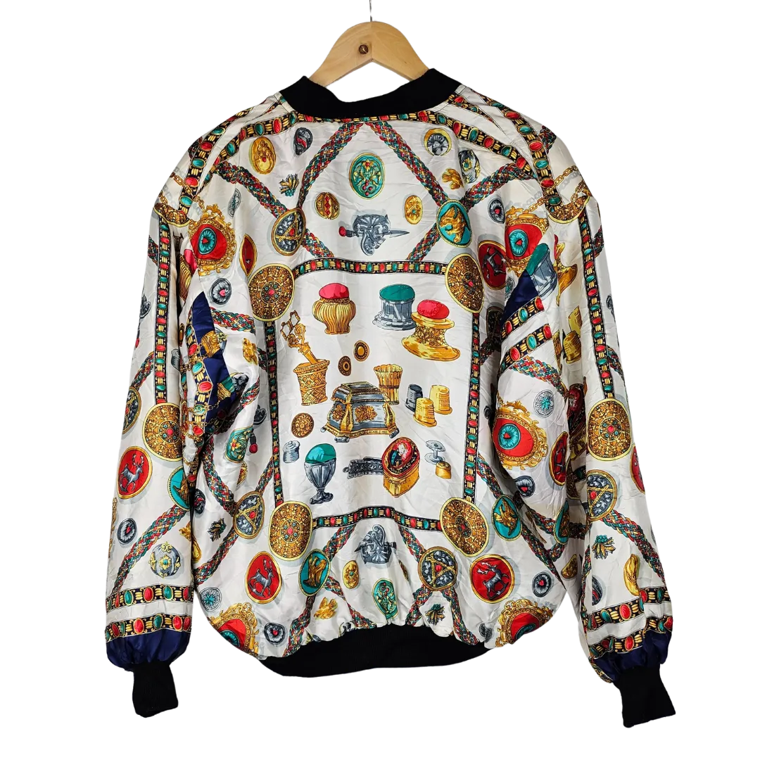 Reversible silk retro bomber jacket with Tiger Motif and Trinket Pattern - M