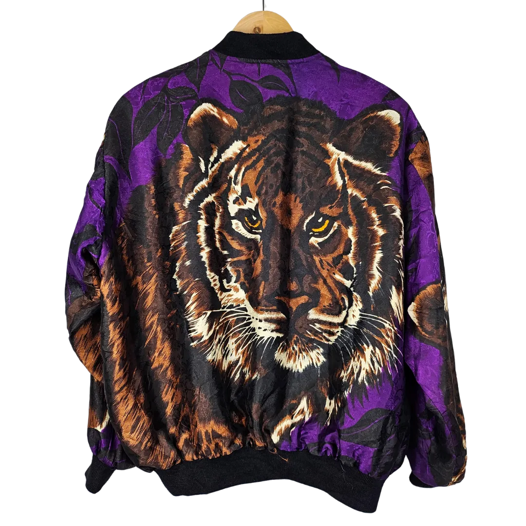 Reversible silk retro bomber jacket with Tiger Motif and Trinket Pattern - M