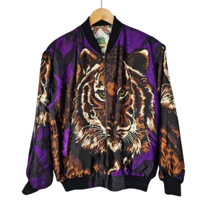 Reversible silk retro bomber jacket with Tiger Motif and Trinket Pattern - M