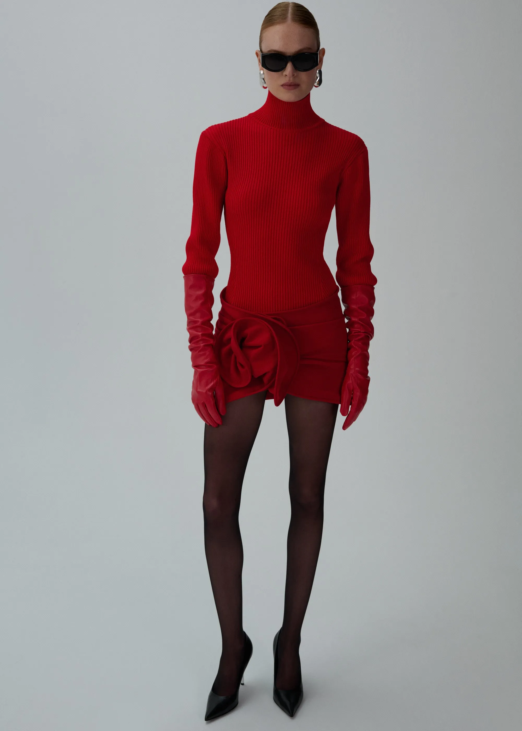Ribbed high-neck bodysuit in red