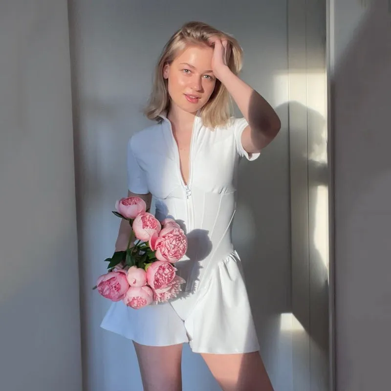 Round Neck Short Sleeve Zipper Jumpsuit