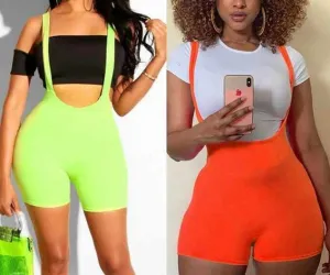 Sassy neon suspenders biker shorts jumpsuit