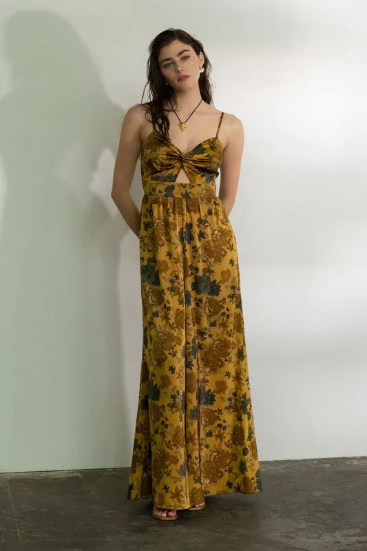 Satin Floral Twist Front Wide Leg Jumpsuit