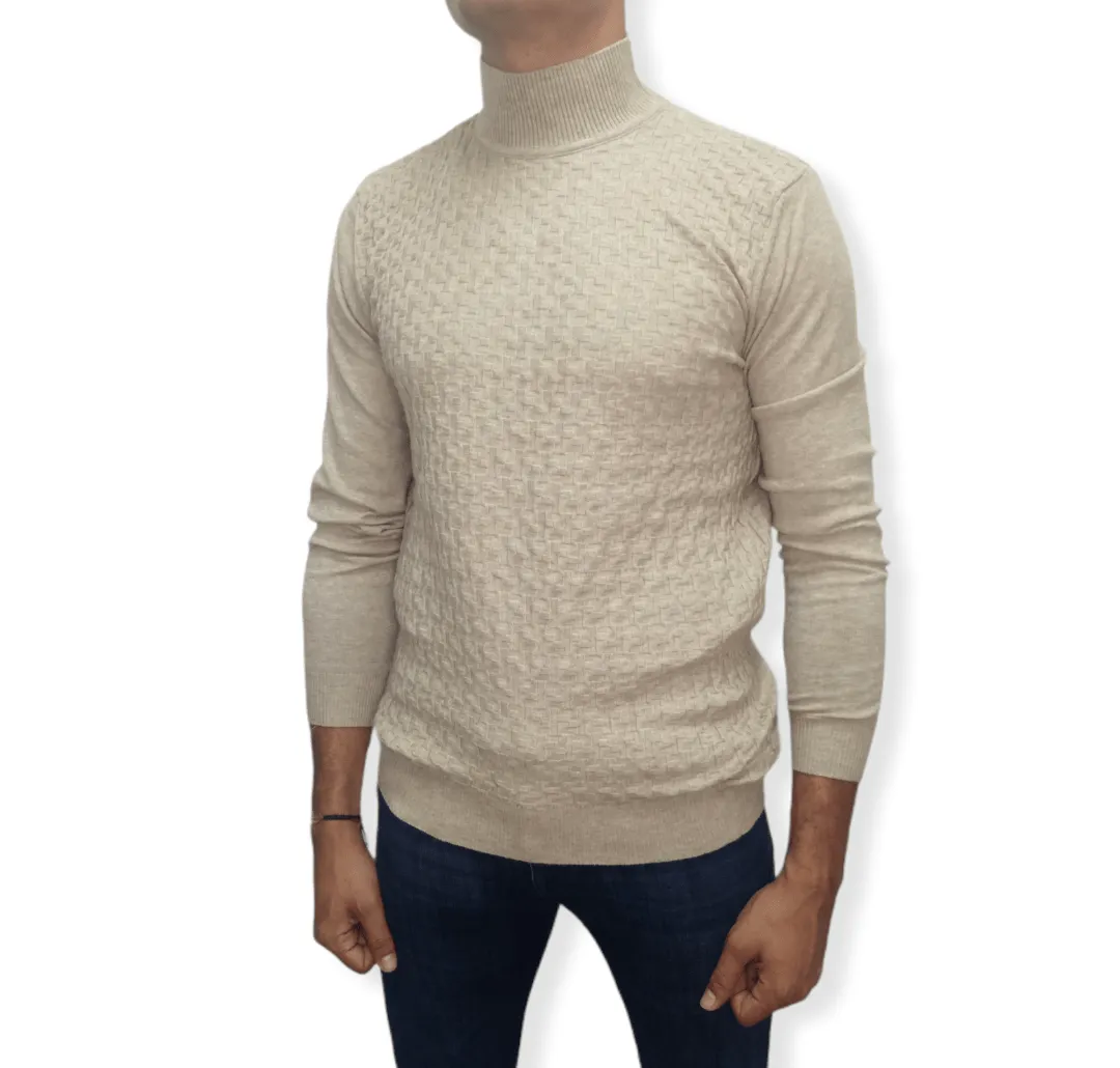 [Slim Fit] Men High Collar (Turtleneck) Pullover Massimo (brick shapes) - Beige