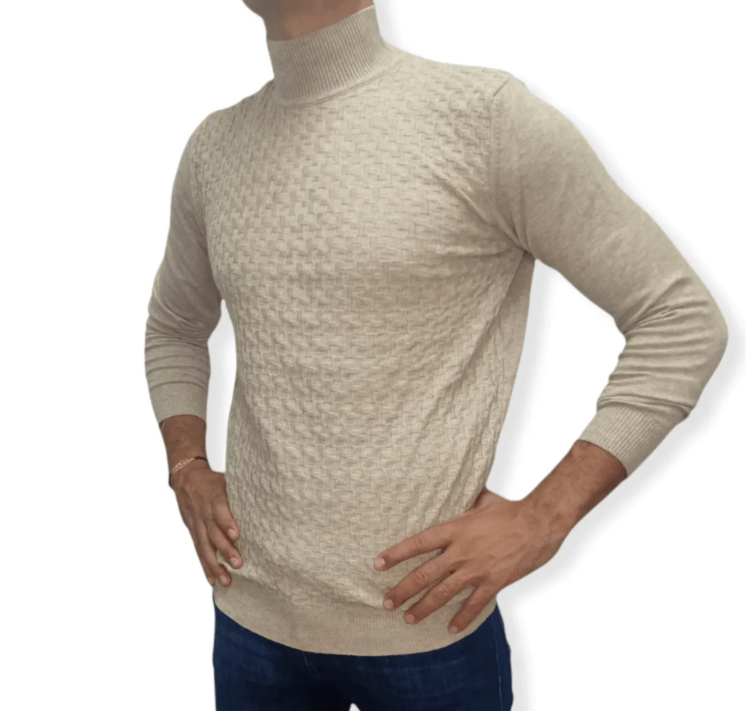 [Slim Fit] Men High Collar (Turtleneck) Pullover Massimo (brick shapes) - Beige