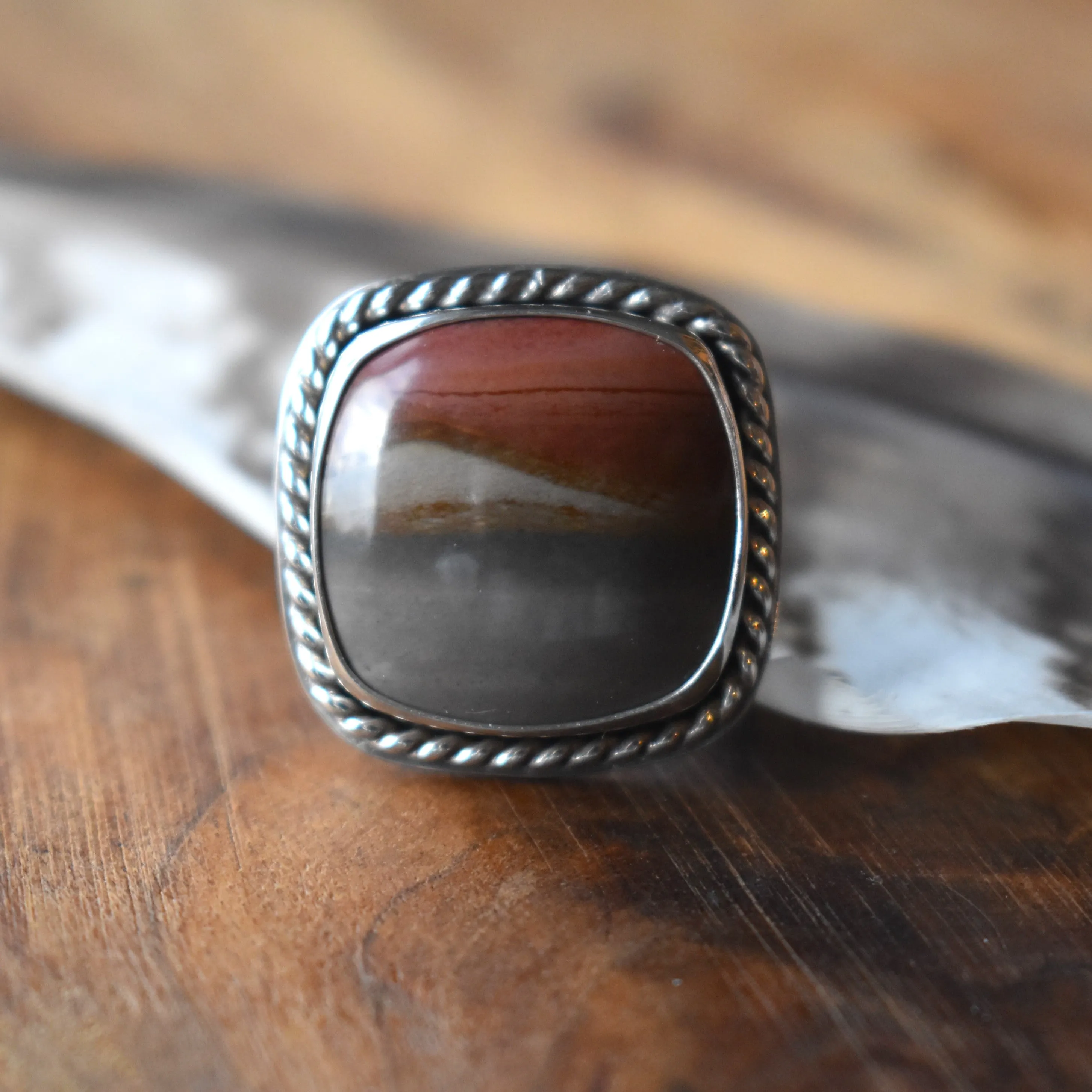 Square Polychrome Jasper Ring - size 8.25