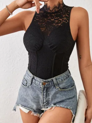 Sunsets Mock Neck Sleeveless Lace Bodysuit