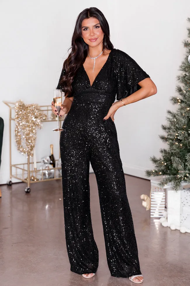 Tell It All Black V-Neck Sequin Flutter Sleeve Jumpsuit