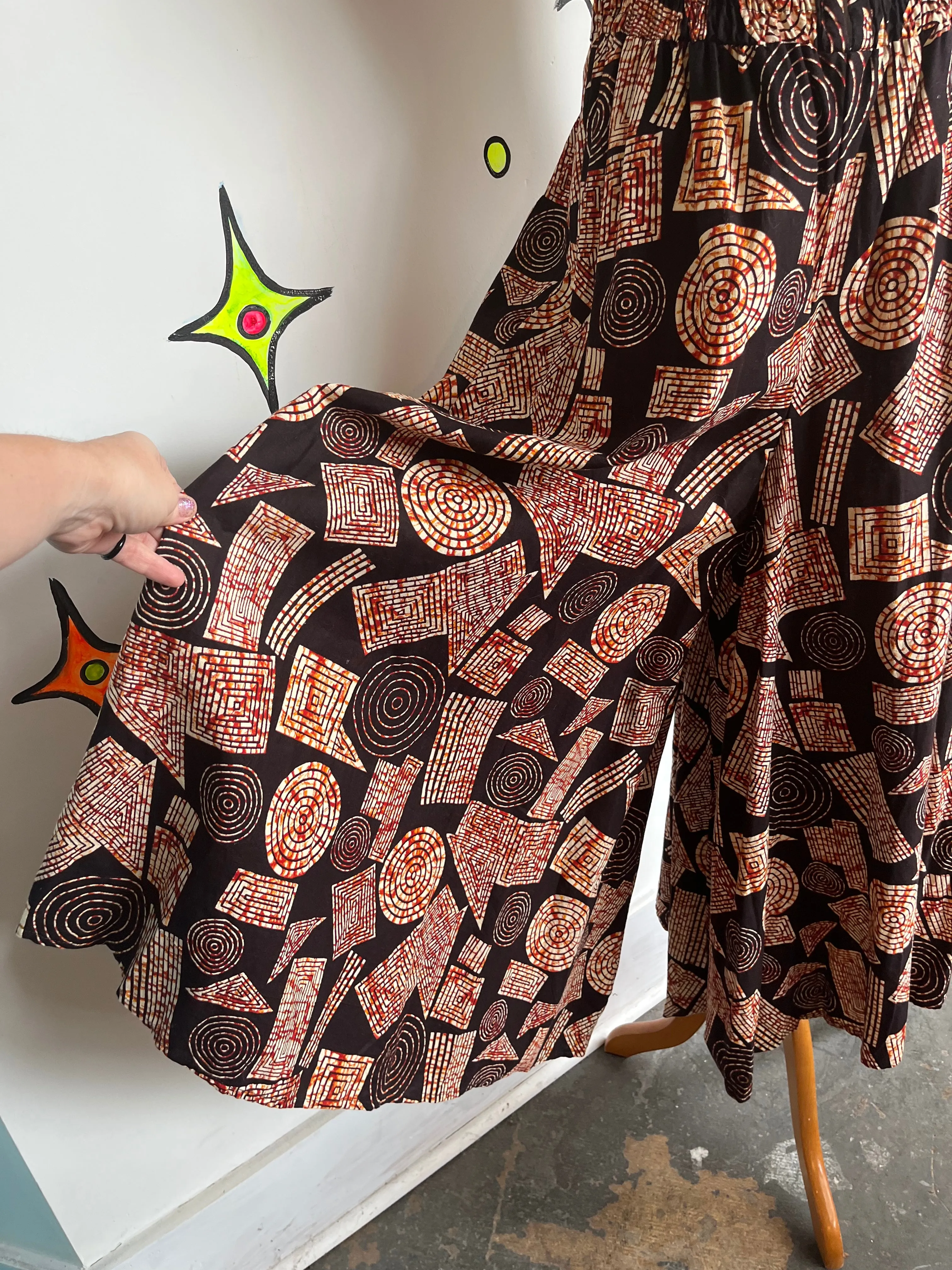 Vintage 1970s | Psychedelic Groovy Batik Ethnic Bohemian Wide Leg Jumpsuit | S M