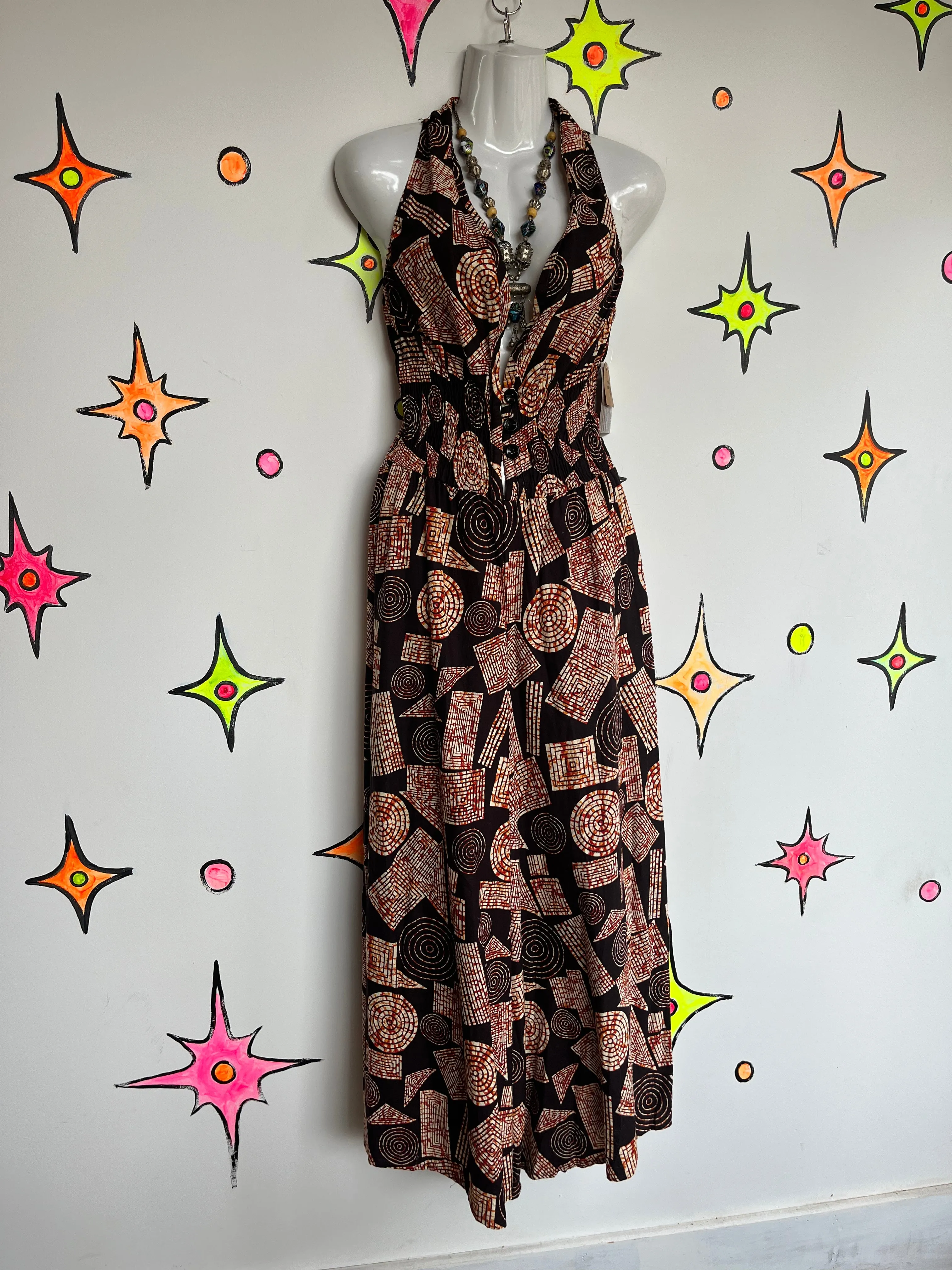 Vintage 1970s | Psychedelic Groovy Batik Ethnic Bohemian Wide Leg Jumpsuit | S M