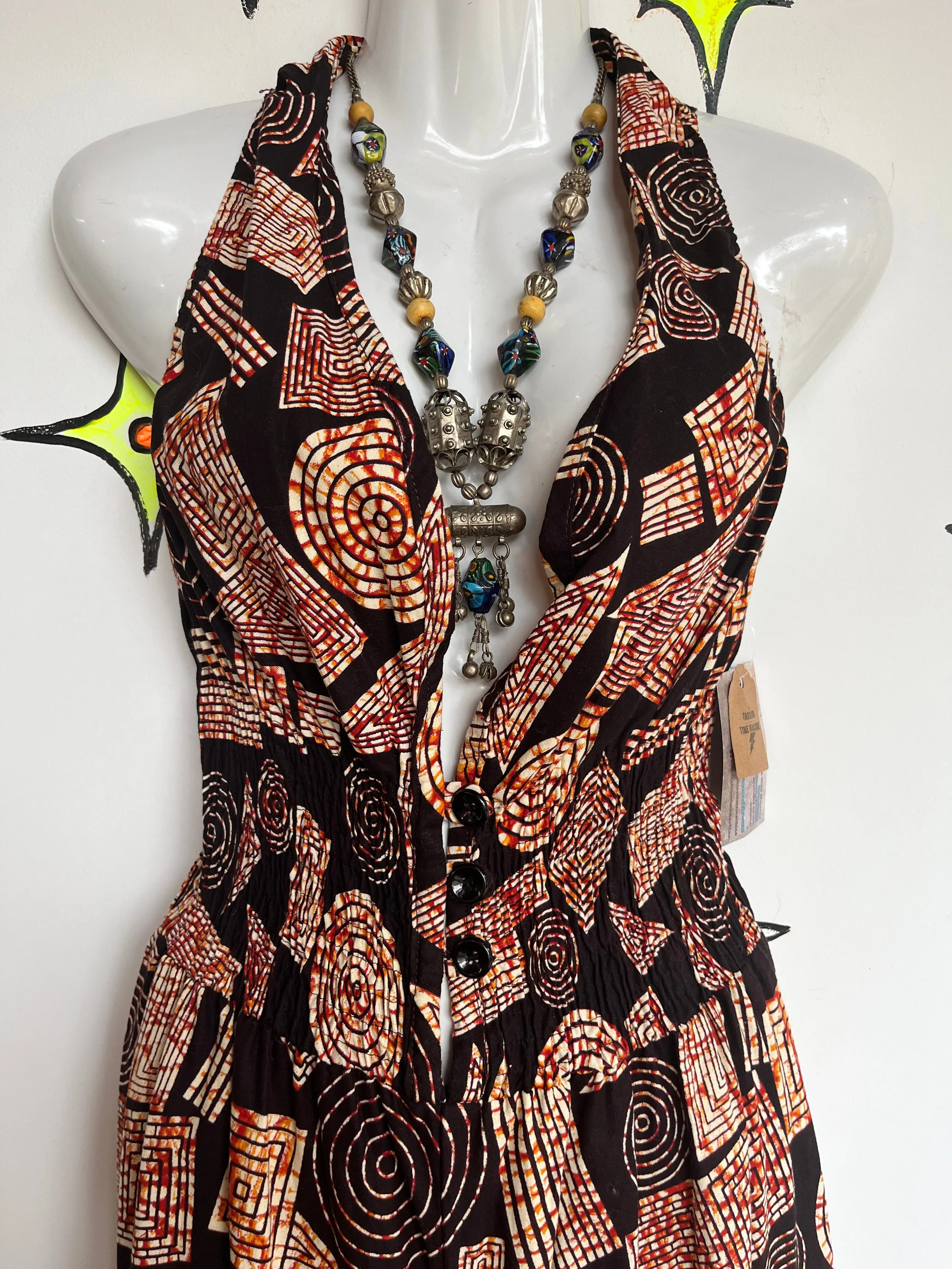 Vintage 1970s | Psychedelic Groovy Batik Ethnic Bohemian Wide Leg Jumpsuit | S M