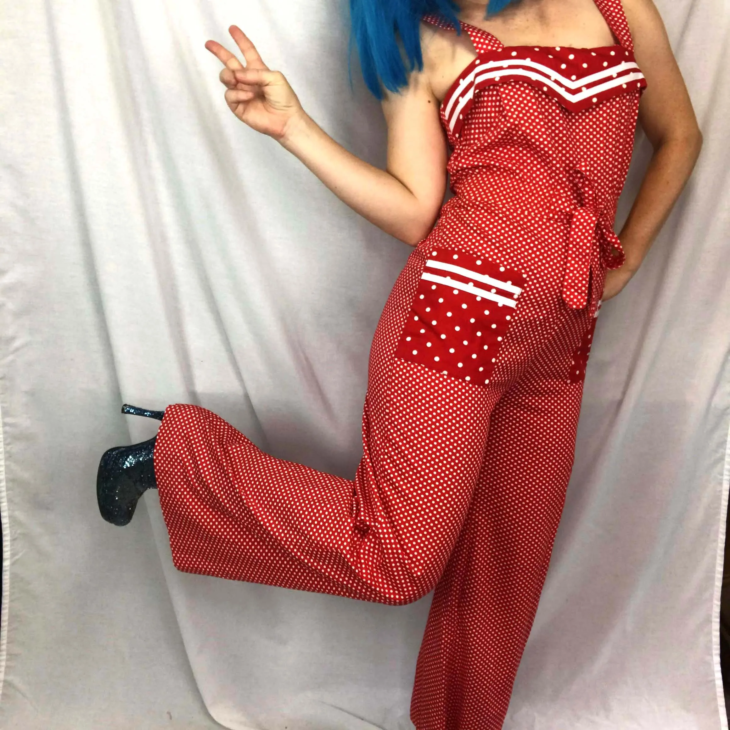 Vintage 70s | Red Polka Dot Sailor Arpeja Young Edwardian Bellbottom Jumpsuit S