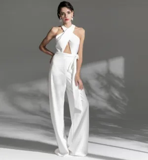 White Long  cross halter neck Deep v Sexy Party cocktail wedding jumpsuit - Morgana