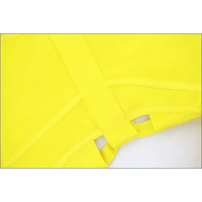 Winnal Round Neck Criss Cross Off Shoulder Short Sleeve Midi Cut Out Yellow Bandage Dress