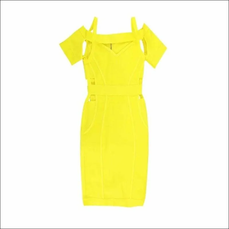 Winnal Round Neck Criss Cross Off Shoulder Short Sleeve Midi Cut Out Yellow Bandage Dress