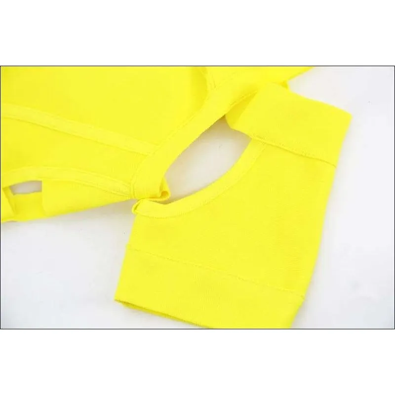 Winnal Round Neck Criss Cross Off Shoulder Short Sleeve Midi Cut Out Yellow Bandage Dress