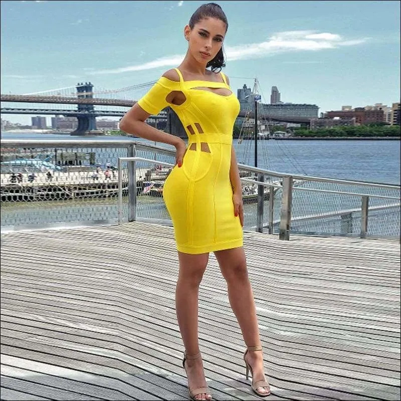 Winnal Round Neck Criss Cross Off Shoulder Short Sleeve Midi Cut Out Yellow Bandage Dress