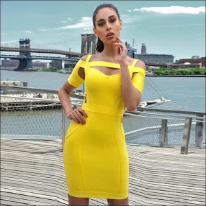 Winnal Round Neck Criss Cross Off Shoulder Short Sleeve Midi Cut Out Yellow Bandage Dress