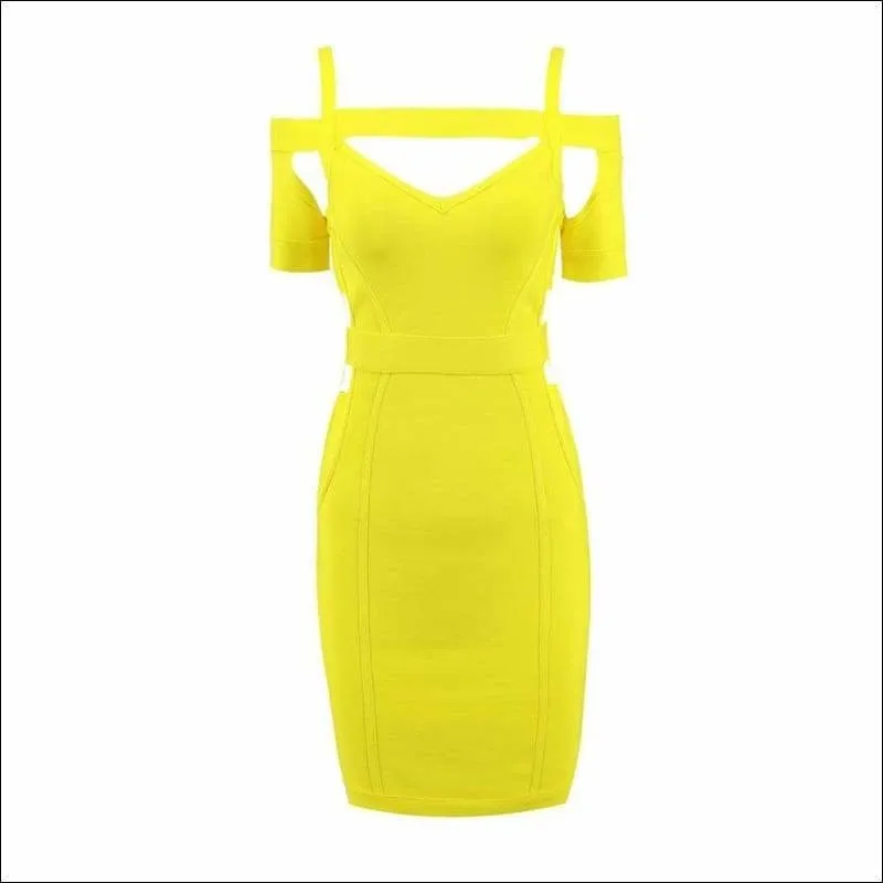 Winnal Round Neck Criss Cross Off Shoulder Short Sleeve Midi Cut Out Yellow Bandage Dress