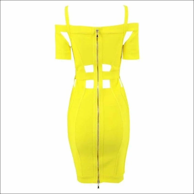 Winnal Round Neck Criss Cross Off Shoulder Short Sleeve Midi Cut Out Yellow Bandage Dress