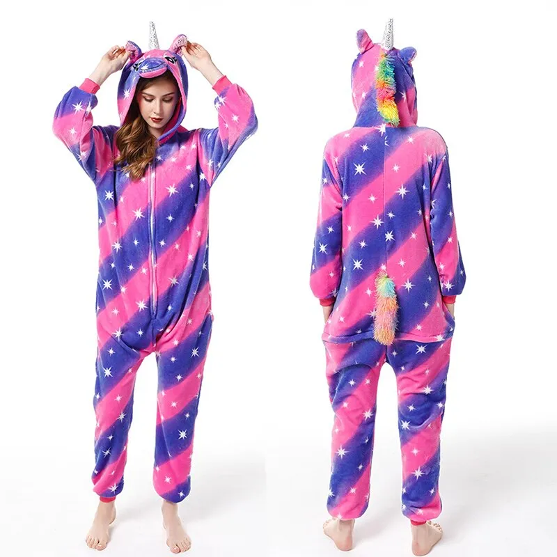 Women Unicorn Oneises Kigurumi Adults Animal Unicorn Pajamas Nightie Panda Cat Onesie For Women Jumpsuit Warm Hooded Sleepwear